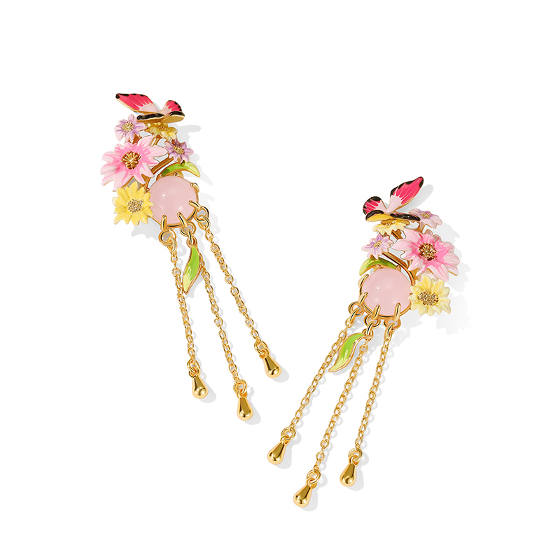 18K Butterfly Daisy Enamel Tassel Earrings Monet's Garden