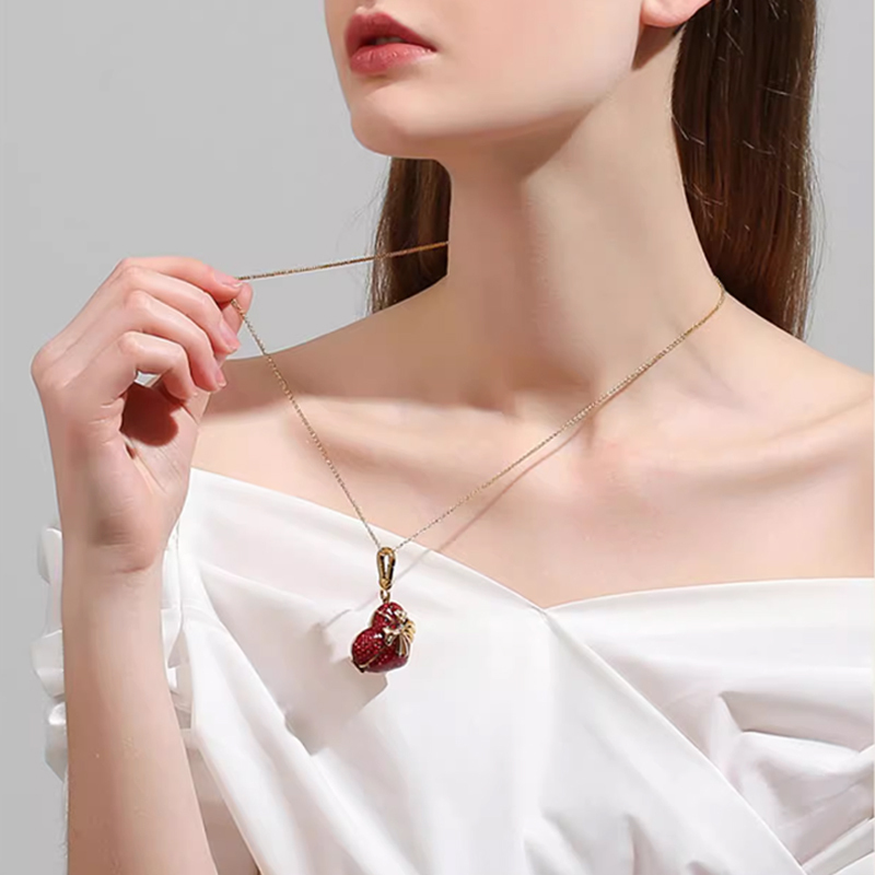 �18K Ribbon Peach Heart Openable Pendant Enamel Necklace