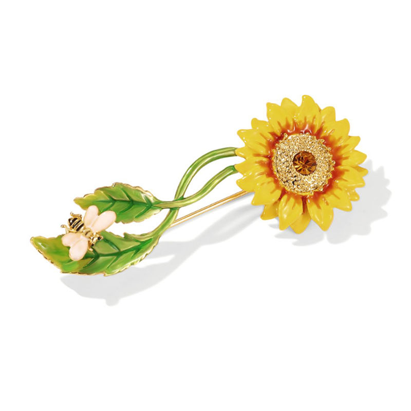 18K Flower Corsage Little Bee Sunflower Enamel Brooch