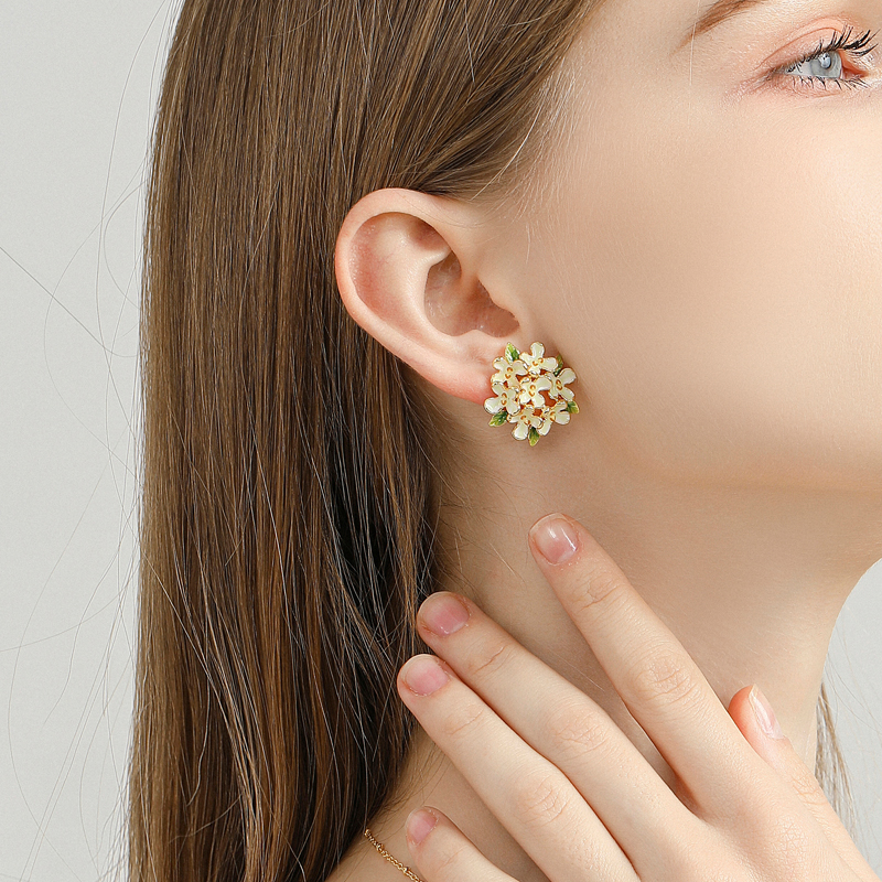 18k Laurel and Enamel Earrings -cluster Style