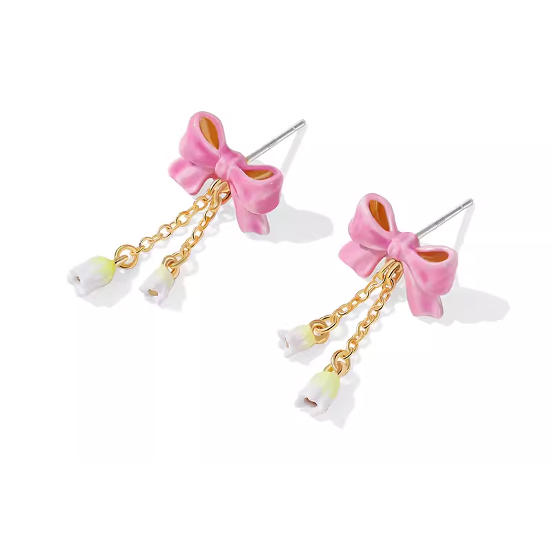 18K Sweet Ribbon Bell Orchid Enamel Stud Earrings