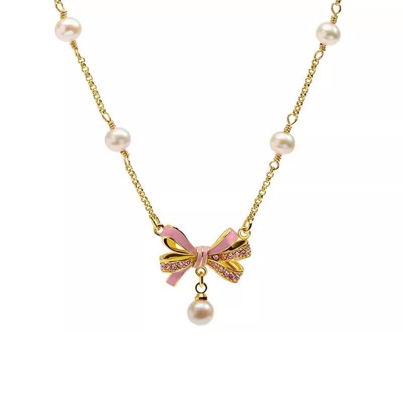 18K ow tie Pearl Sweetheart Necklace