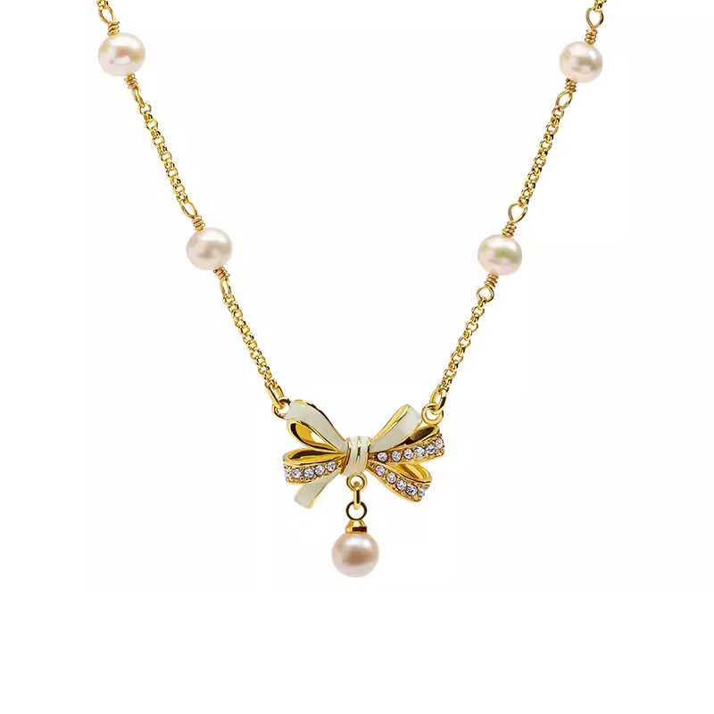 18K ow tie Pearl Sweetheart Necklace