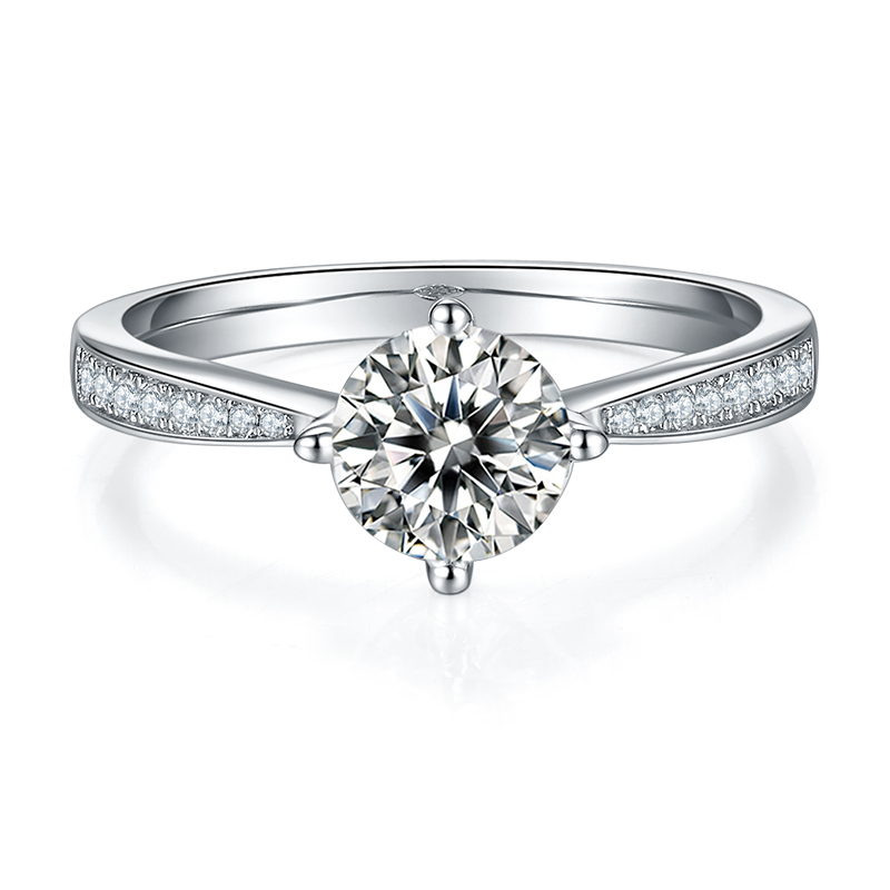 DEDEJILL Classic Four-Prong Pave S925 Silver Platinum-Plated Moissanite Women's Ring - 1ct D Grade