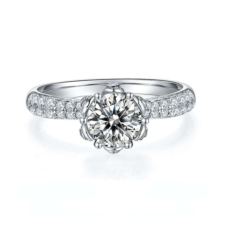 DEDEJILL Luxurious Pave Flower Deity Sterling Silver Plated Platinum Round Cut Moissanite Ring-1ct D Grade