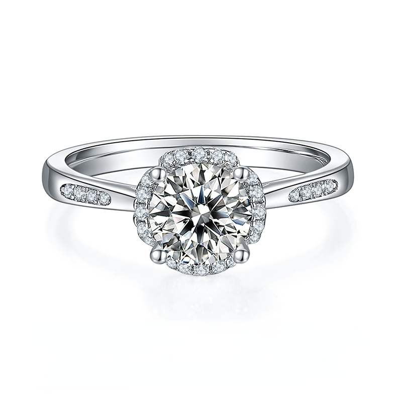 DEDEJILL Delicate Inlaid Youth Halo Sterling Silver Plated Platinum Round Cut Moissanite Ring-1ct D Grade