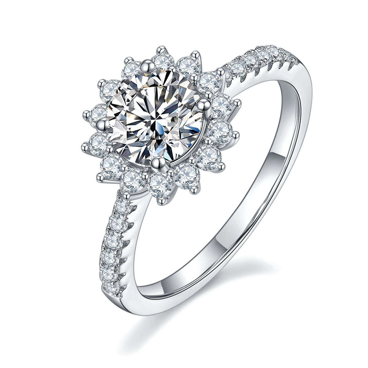 DEDEJILL Sunflower Sterling Silver Plated White Gold Round Cut Moissanite Halo Ring-1ct D Grade
