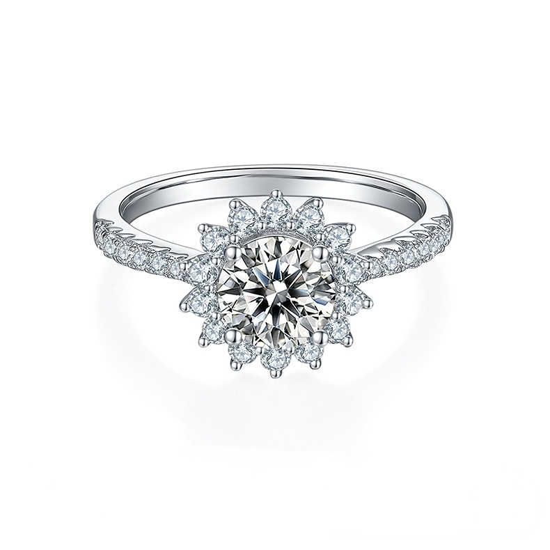 DEDEJILL Sunflower Sterling Silver Plated White Gold Round Cut Moissanite Halo Ring-1ct D Grade