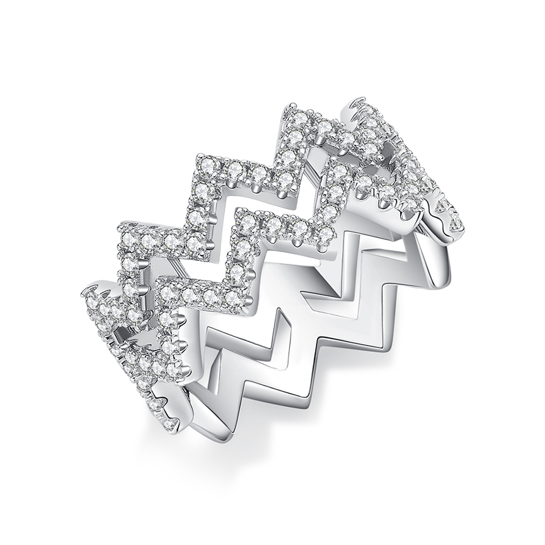DEDEJILL Zigzag S925 Silver Platinum-Plated Ring with Moissanite
