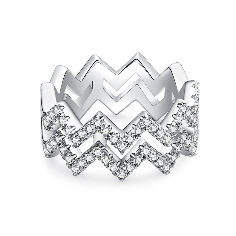 DEDEJILL Zigzag S925 Silver Platinum-Plated Ring with Moissanite