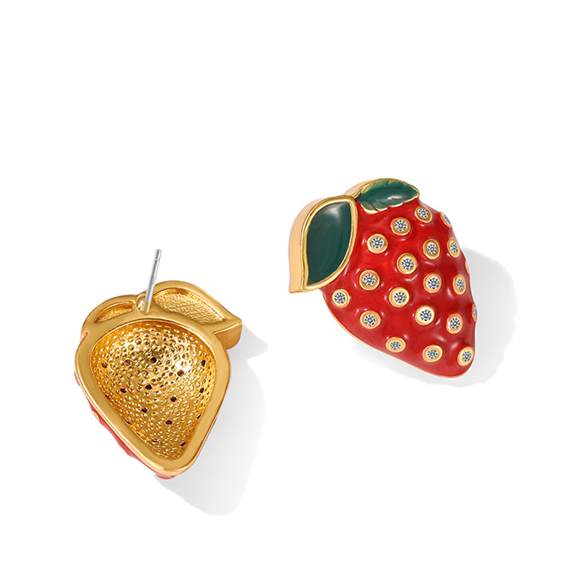 18K Sweet Enamel Strawberry and Diamond Stud Earrings