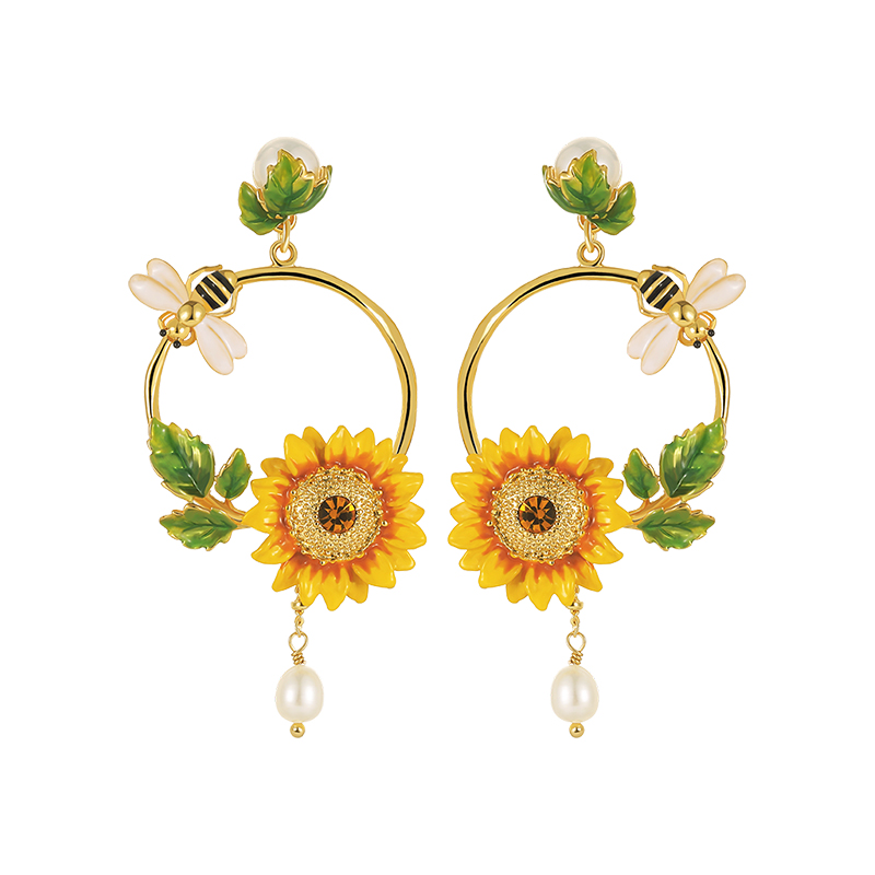 18K Bee Sunflower  Leaf Circle Pearl and Enamel Earrings