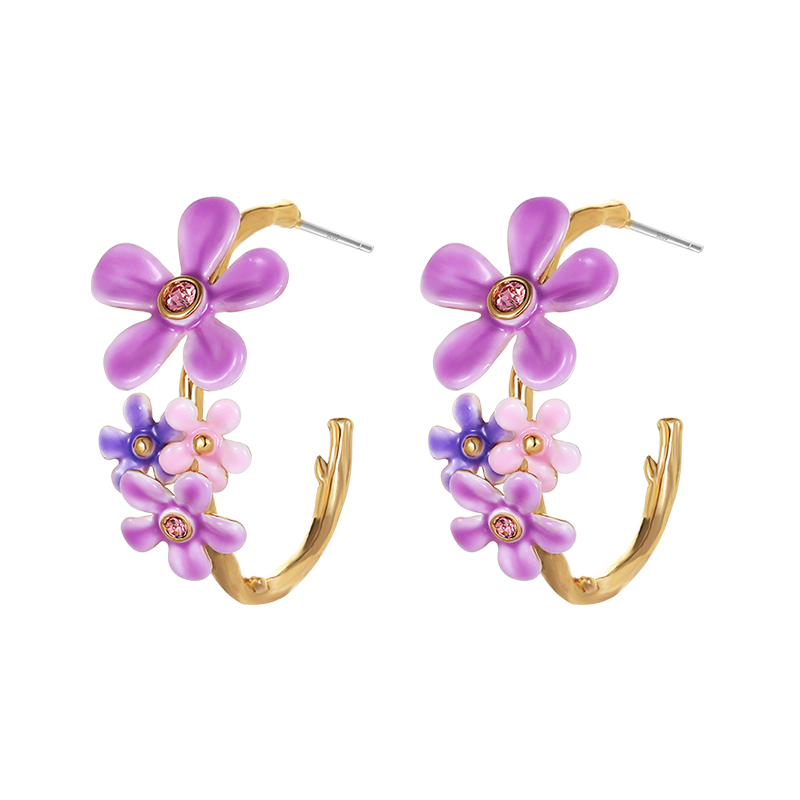 18K Purple Pink Floral Simple Sweet French Enamel Earrings -Hoop Style