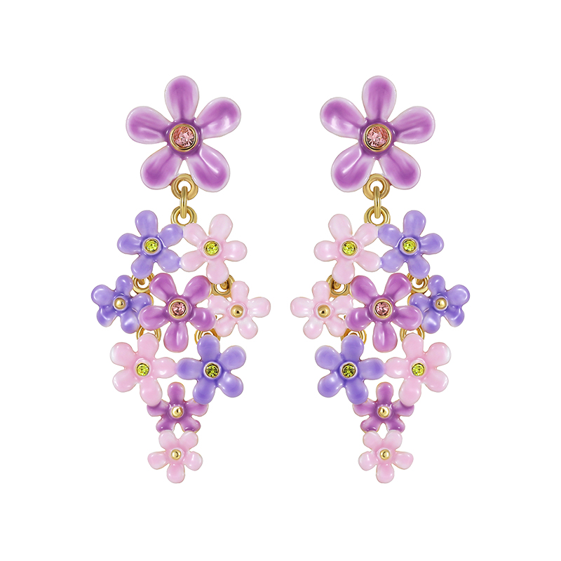 18K Purple Pink Small Flower French Enamel Earrings-Dangle Style