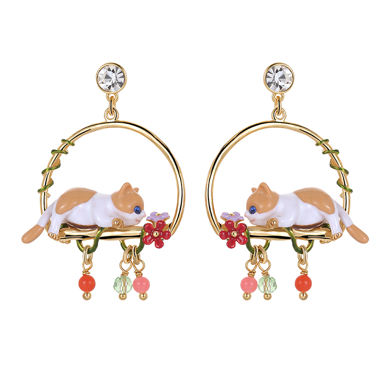 18K French Floral Couture Cute Cat Enamel and Enamel Round Earrings