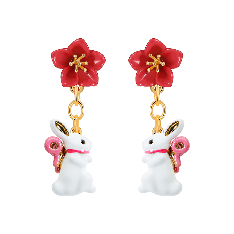 18K Cute White Rabbit Green Leaf Red Flower Chinese Zodiac Special Enamel Earring