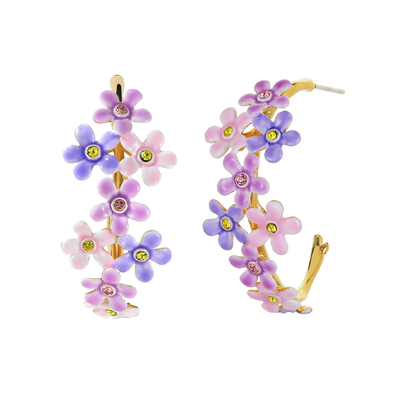 18K Purple Pink Small Flower French Enamel Earrings-C Hoop Style