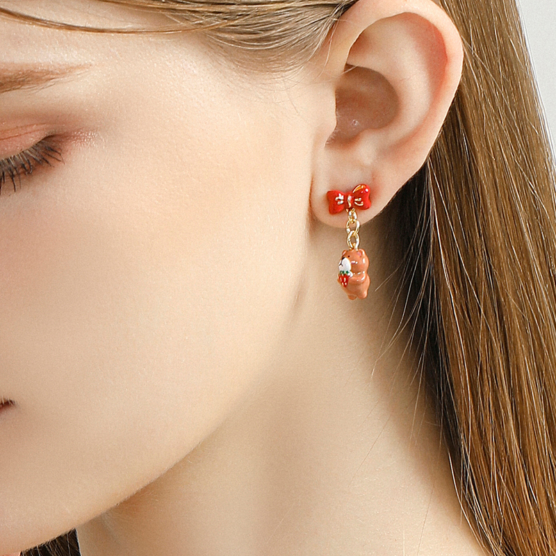 18K Sweet Simple Strawberry Cute Bear French Enamel  Earrings