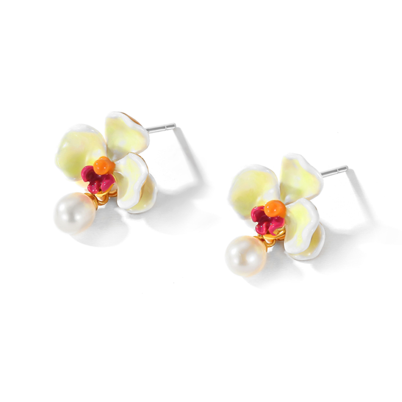 Butterfly Orchid Pearl Dangle Earrings