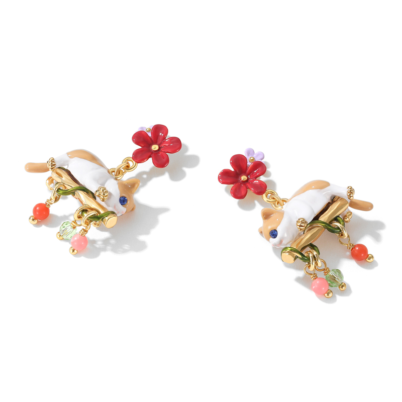18K French Floral Haute Couture Cute Cat Enamel Hand Painted Earrings