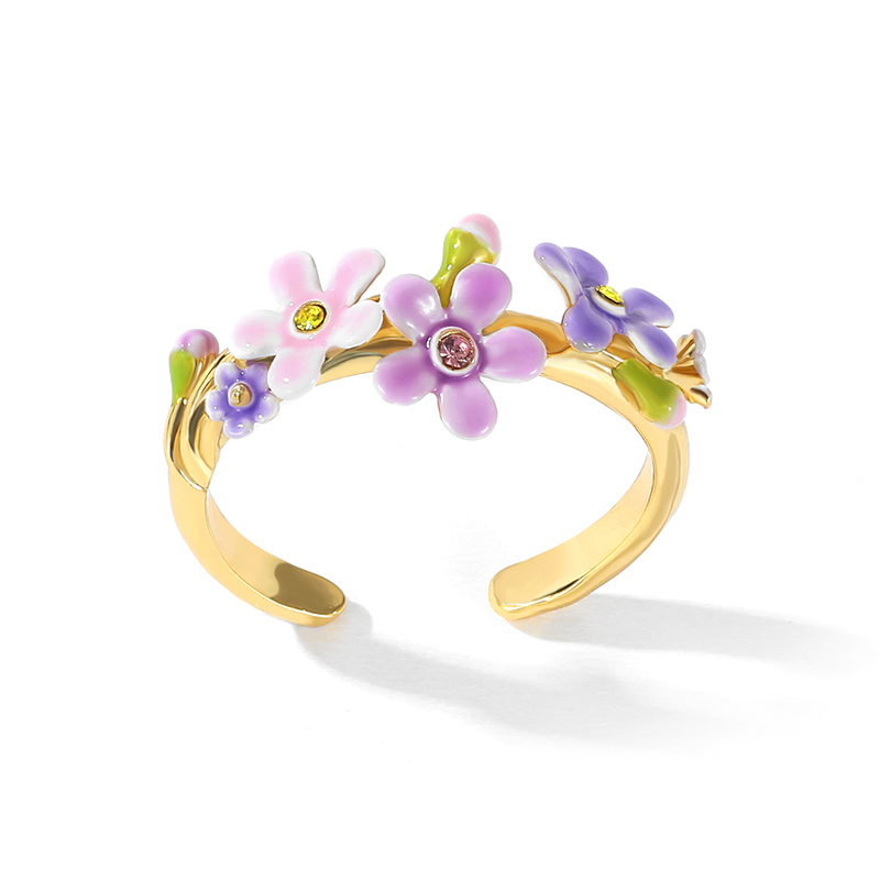 18K Pink Purple Color Small Flower French Enamel Ring