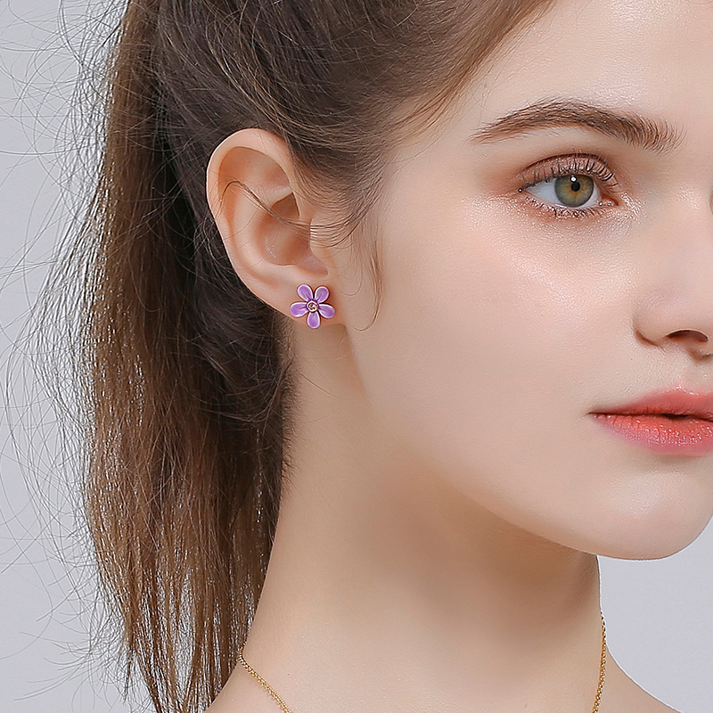 18K Pink and Purple Small Flower Forest Asymmetrical Enamel Earrings - Stud Style