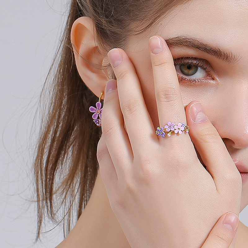 18K Pink Purple Color Small Flower French Enamel Ring