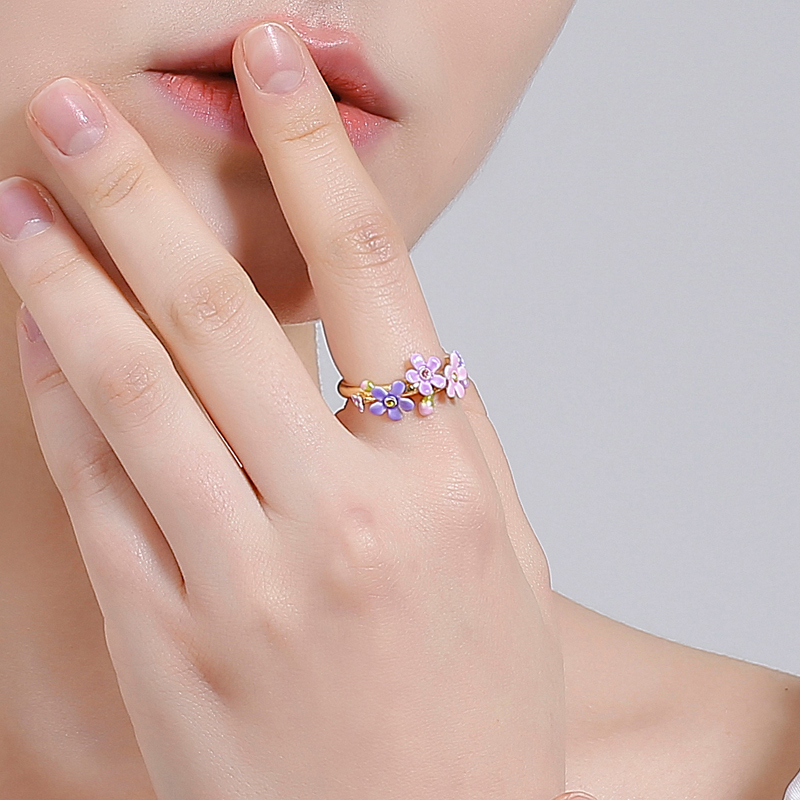 18K Pink Purple Color Small Flower French Enamel Ring