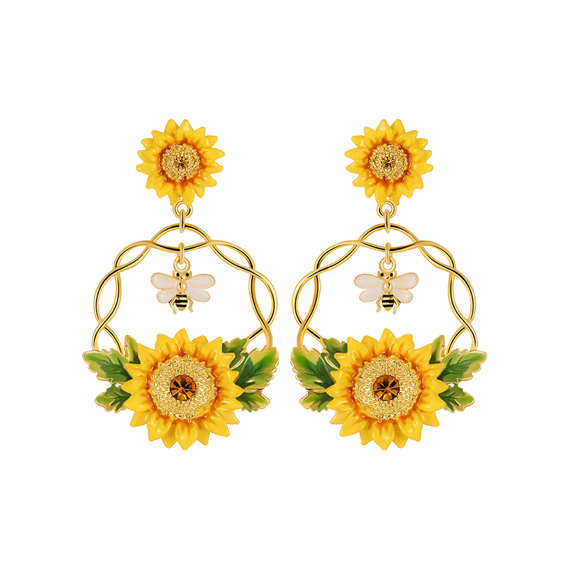 18K Sunflower Bee Wave Circle Mannequin Enamel Earrings