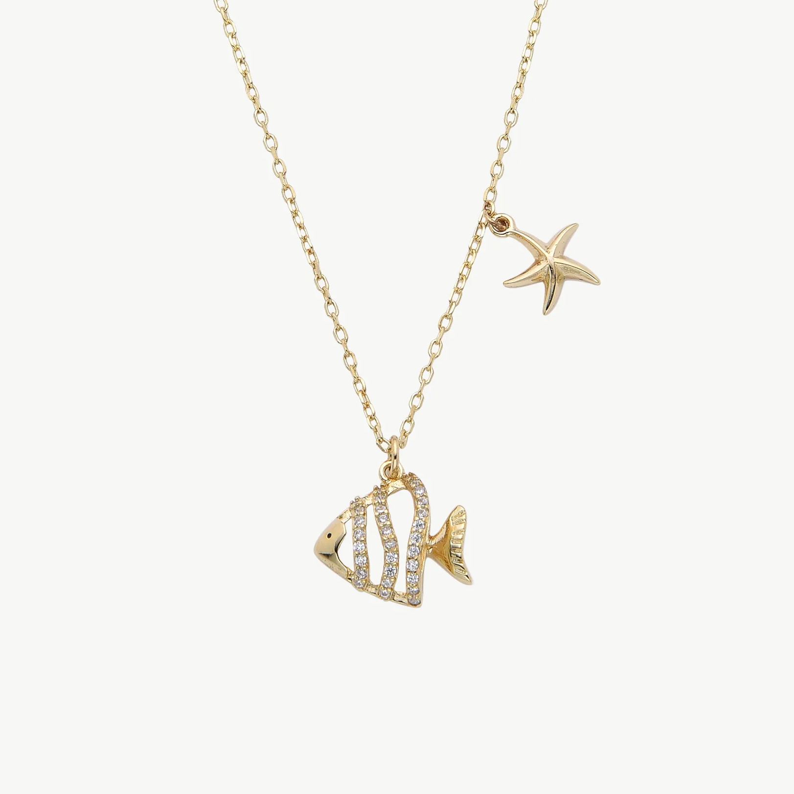 Pave Tropical Fish & Starfish Pendant Necklace