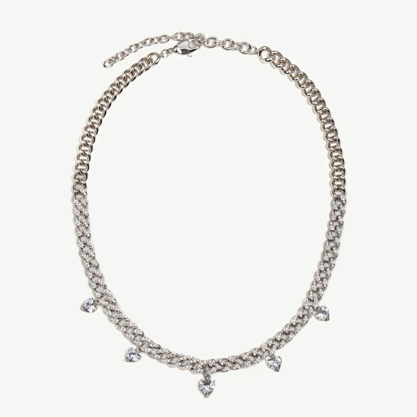 Heart Pave Curb Chain Necklace-Sliver
