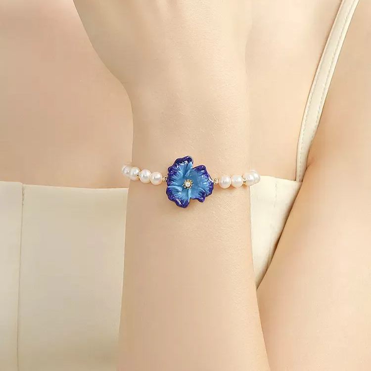 18K Blue Floral Enamel Bracelet - Pearls