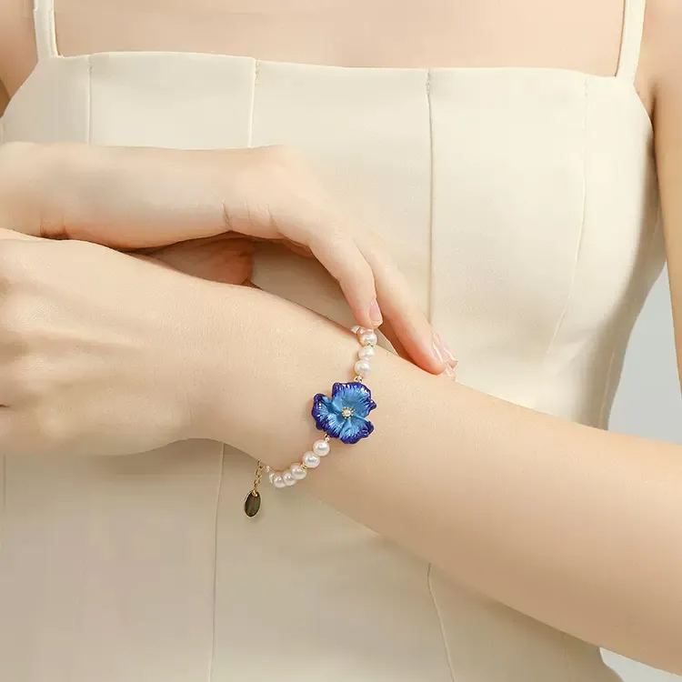 18K Blue Floral Enamel Bracelet - Pearls