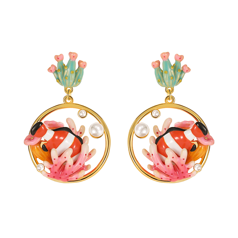 18K Ocean Clown Fish Enamel Earrings-Circle Type