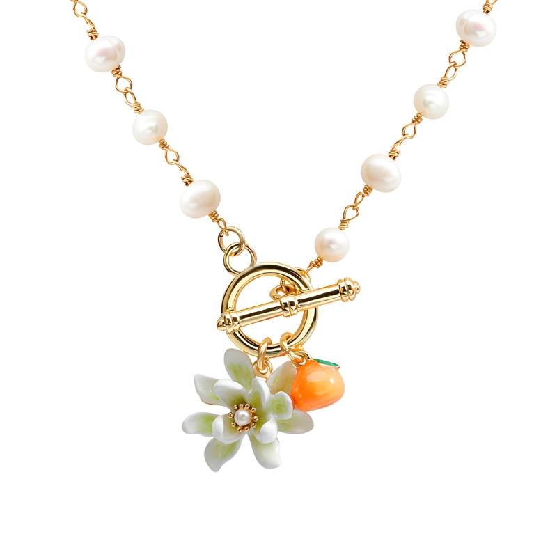 18K Designer OT Ring Personalized Enamel Pearl Necklace
