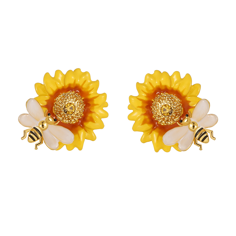 18K Sunflower Bee Sweet Air Enamel Stud Earrings