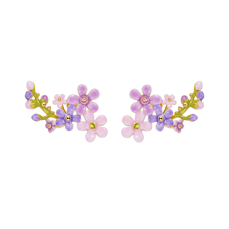 18K Purple Pink Soft Little Flower Diamond Enamel Earrings - Cluster Earlobes