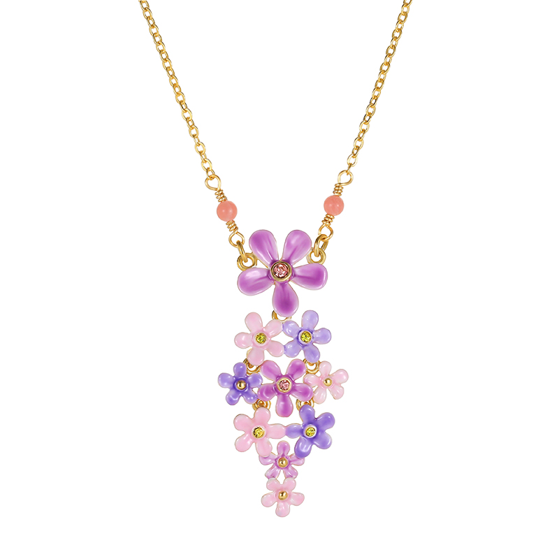 18K Purple and Pink Small Flower French Peplum Enamel Necklace