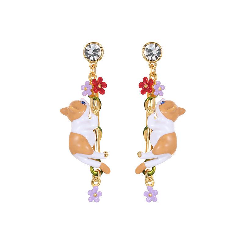 🐱18K Cute Sprawling Cat Mori Garden Personalized Enamel Drop Earrings
