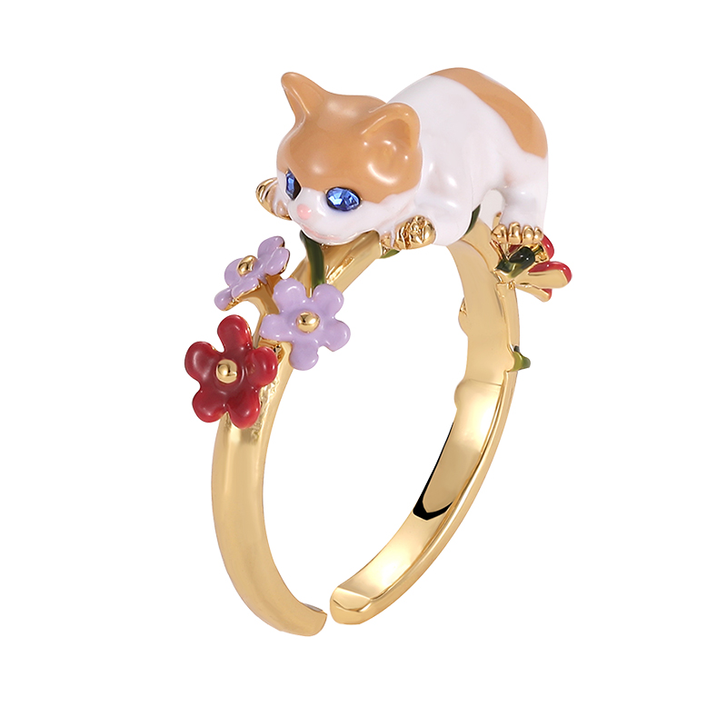 18K Cute Cat French Flower Designer Enamel Ring