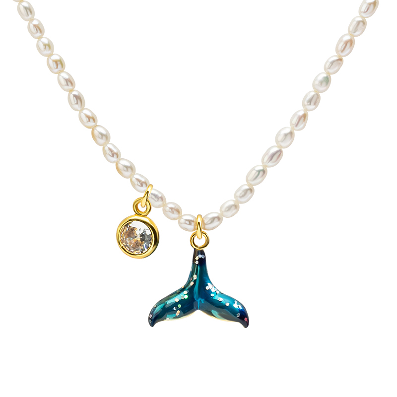 18K Illusion Fish Tail Simple Shiny Pearl Necklace with Enamel