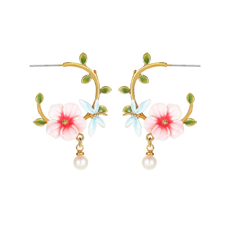 Hibiscus Flower Half Hoop Pearl Earrings