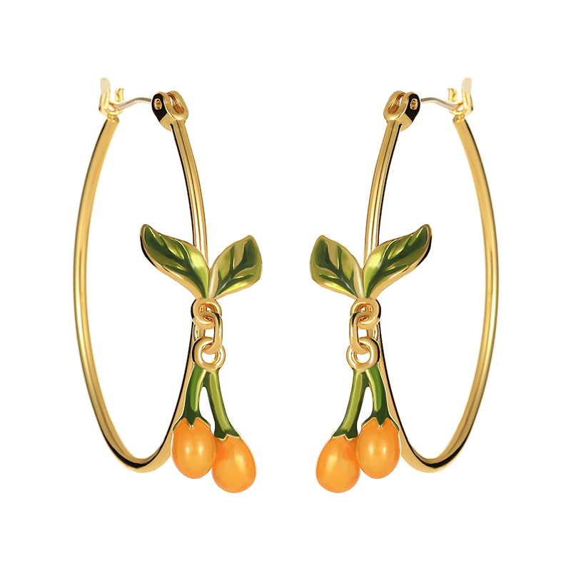 Green Leaf Kumquat Hoop Earrings