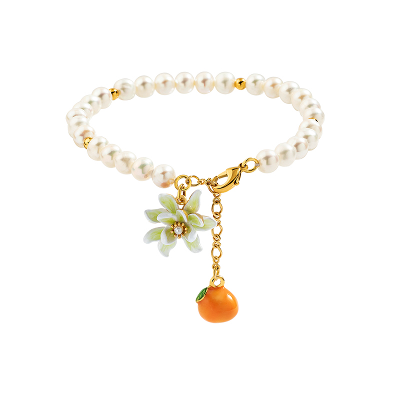 18K Orange Blossom Beautiful Delicate Pearl Enamel Pendant Bracelet