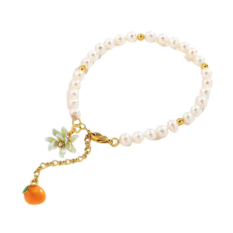 18K Orange Blossom Beautiful Delicate Pearl Enamel Pendant Bracelet