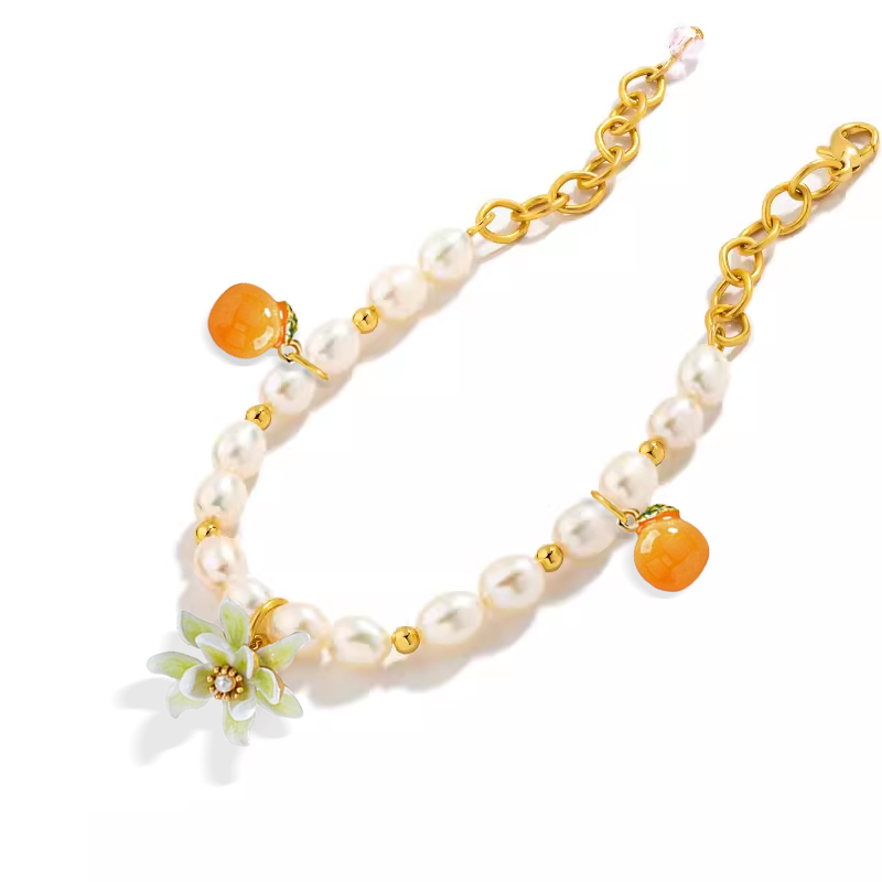 18K Double Orange Gardenia Freshwater Pearl Enamel Bracelet