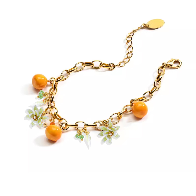 18K Three Orange Gardenia &Petal Pearl Enamel Bracelet