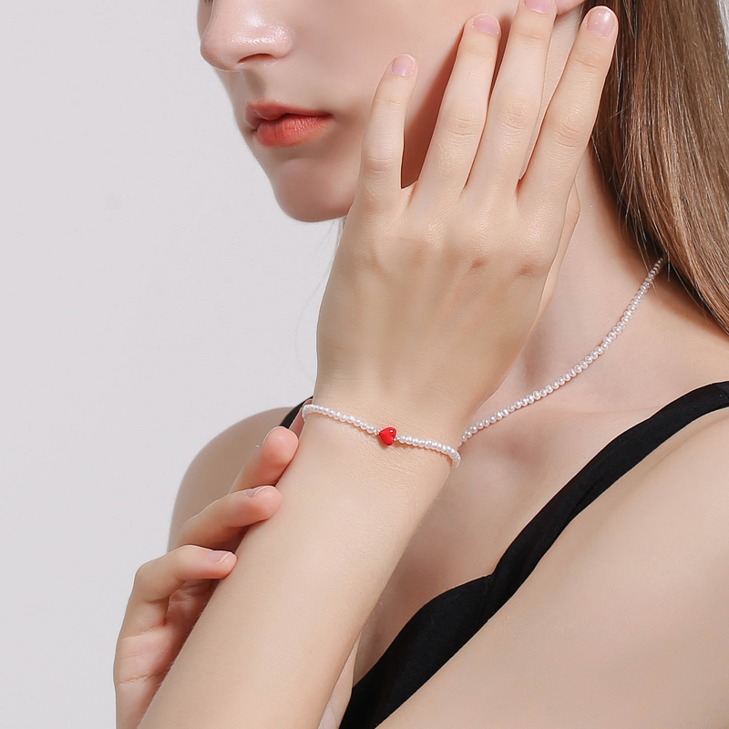 18K Red Heart Small Freshwater Pearl Enamel Bracelet-Embedded💞