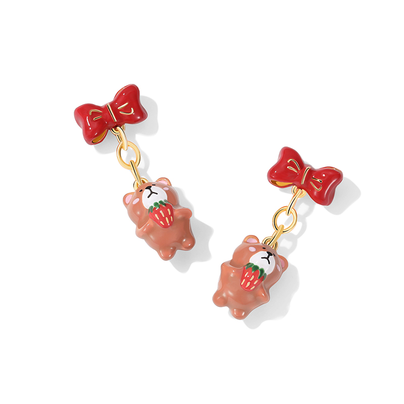 18K Sweet Simple Strawberry Cute Bear French Enamel  Earrings