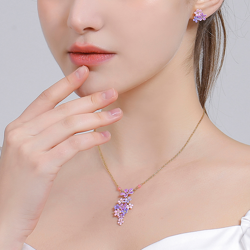 18K Pink and Purple Small Flower Forest Asymmetrical Enamel Earrings - Stud Style